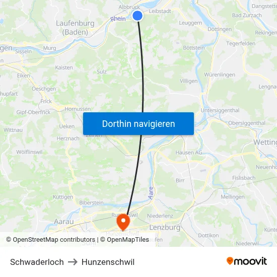 Schwaderloch to Hunzenschwil map
