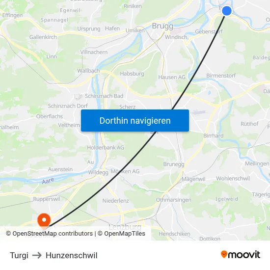 Turgi to Hunzenschwil map
