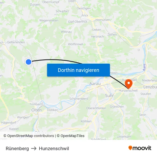 Rünenberg to Hunzenschwil map