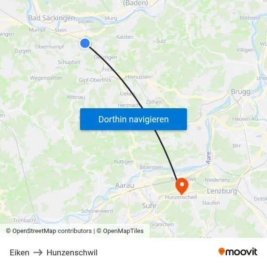 Eiken to Hunzenschwil map