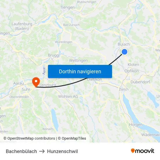 Bachenbülach to Hunzenschwil map