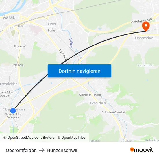 Oberentfelden to Hunzenschwil map