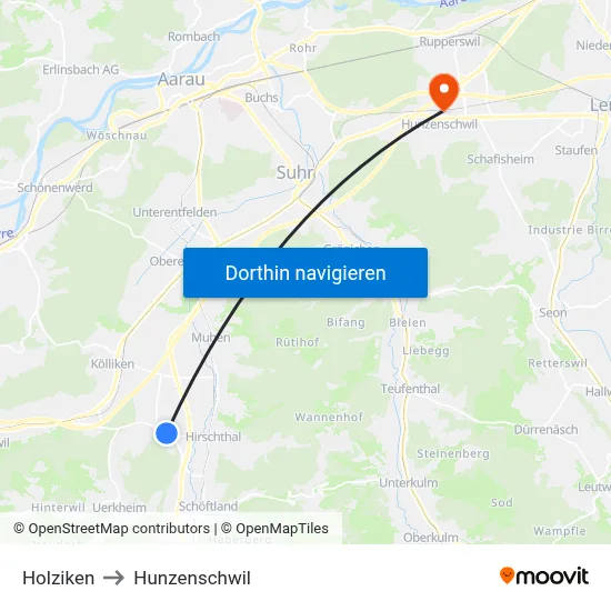 Holziken to Hunzenschwil map