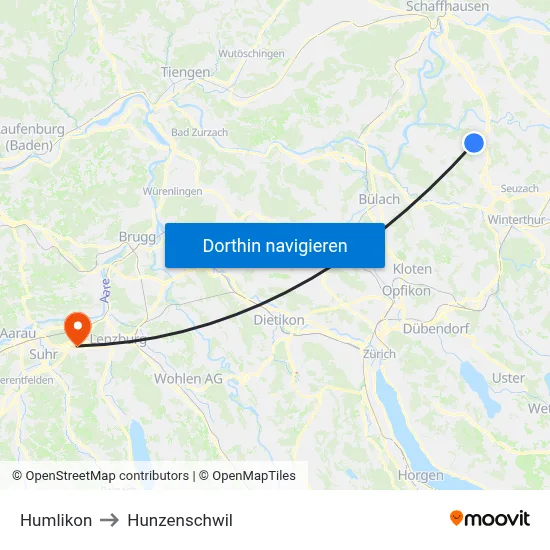 Humlikon to Hunzenschwil map