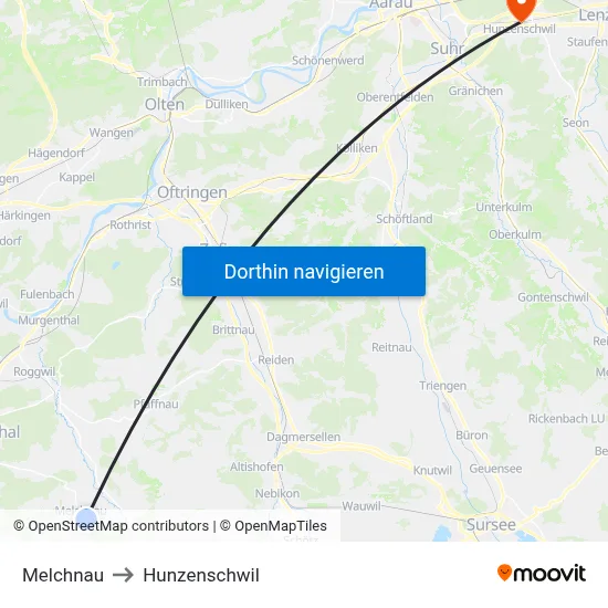 Melchnau to Hunzenschwil map