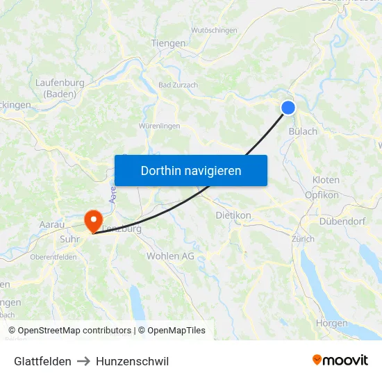 Glattfelden to Hunzenschwil map