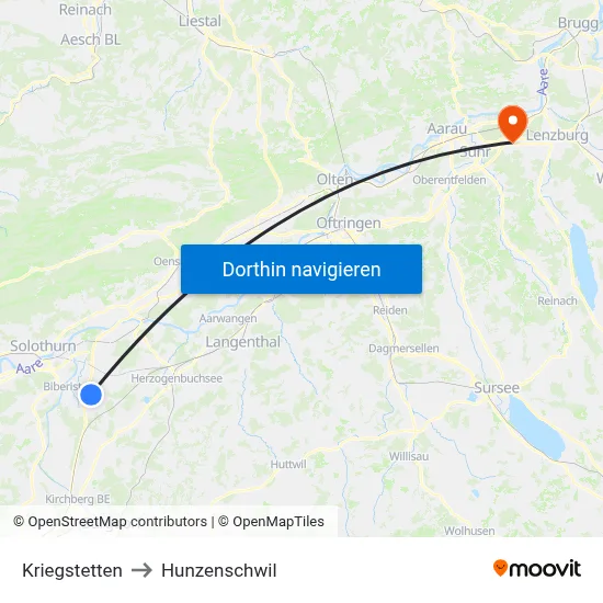 Kriegstetten to Hunzenschwil map