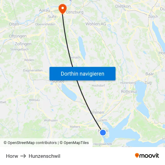 Horw to Hunzenschwil map