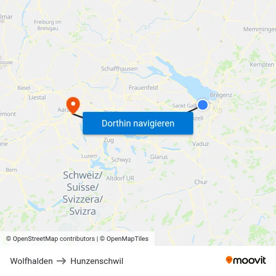 Wolfhalden to Hunzenschwil map
