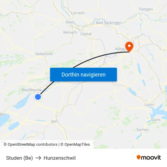 Studen (Be) to Hunzenschwil map