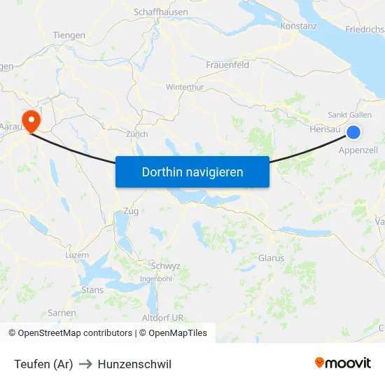 Teufen (Ar) to Hunzenschwil map