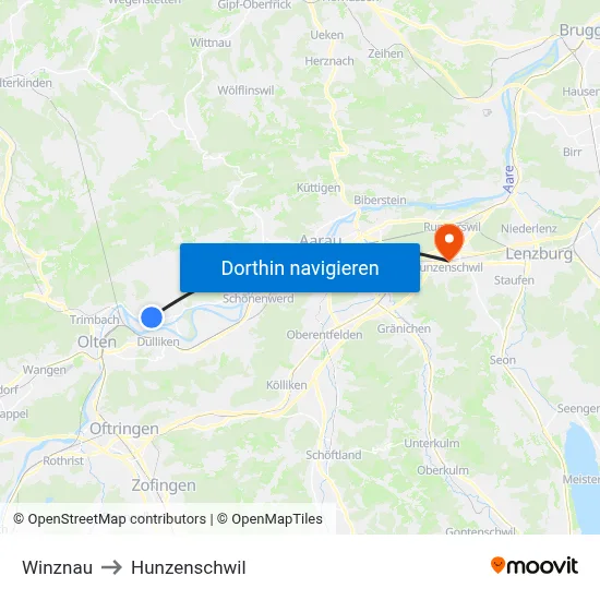 Winznau to Hunzenschwil map