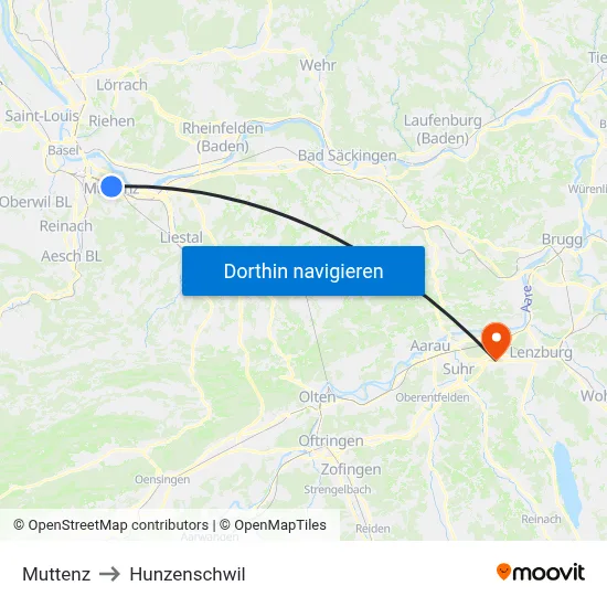 Muttenz to Hunzenschwil map