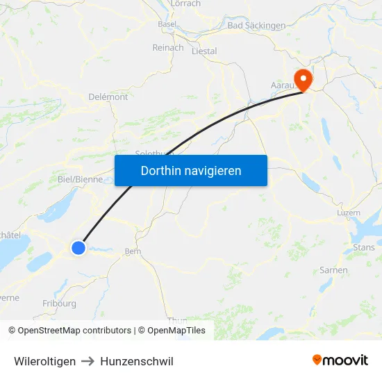 Wileroltigen to Hunzenschwil map