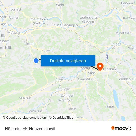 Hölstein to Hunzenschwil map