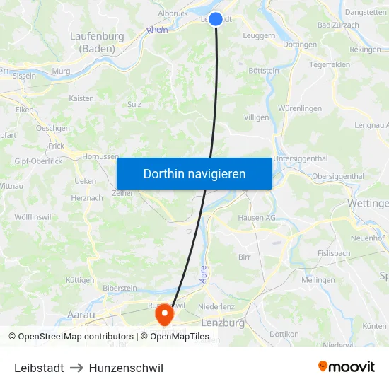 Leibstadt to Hunzenschwil map