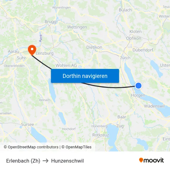 Erlenbach (Zh) to Hunzenschwil map