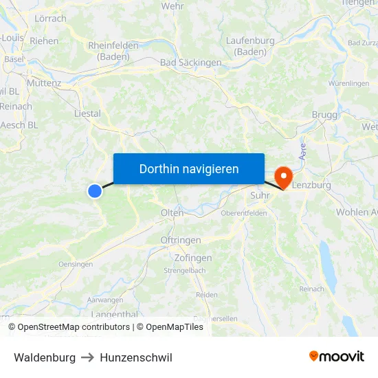 Waldenburg to Hunzenschwil map