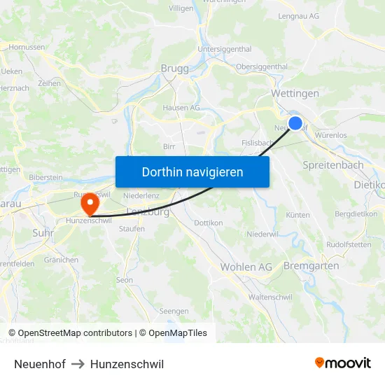 Neuenhof to Hunzenschwil map