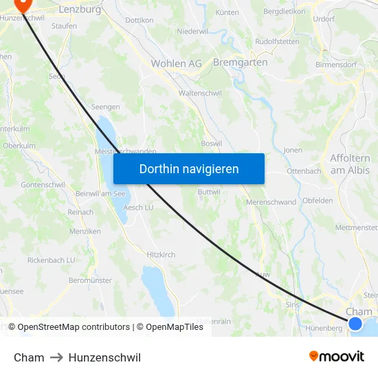 Cham to Hunzenschwil map
