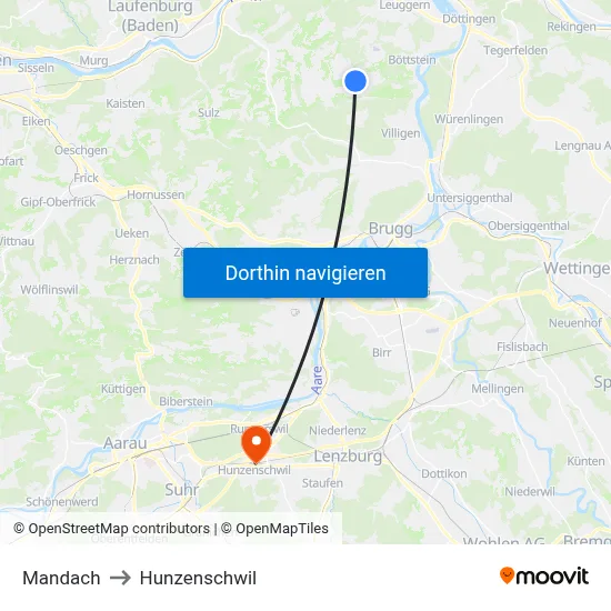 Mandach to Hunzenschwil map