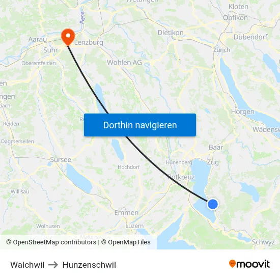 Walchwil to Hunzenschwil map