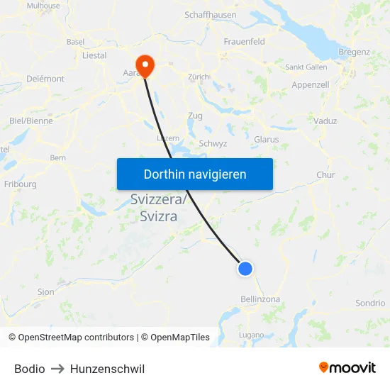 Bodio to Hunzenschwil map