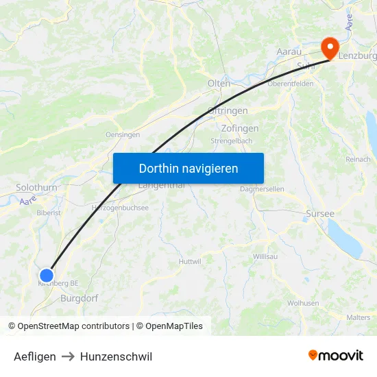 Aefligen to Hunzenschwil map
