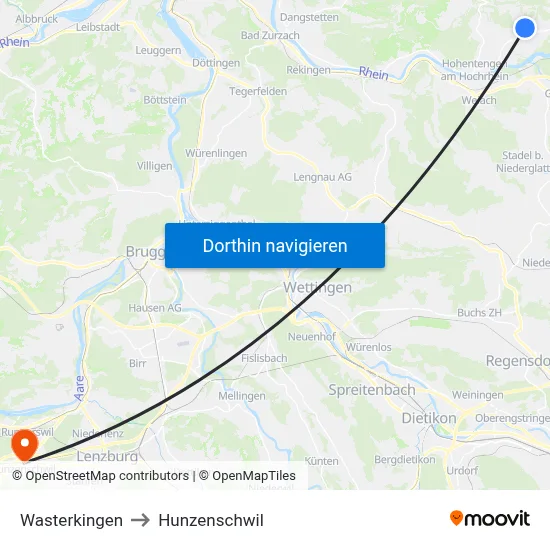 Wasterkingen to Hunzenschwil map