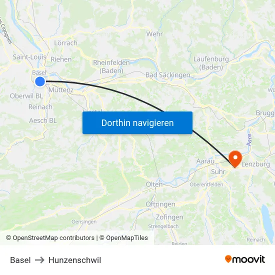 Basel to Hunzenschwil map