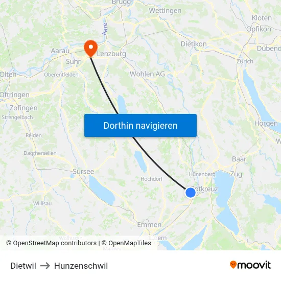 Dietwil to Hunzenschwil map