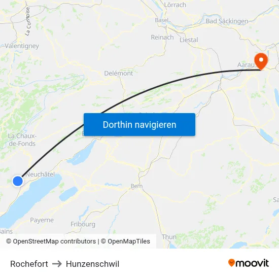 Rochefort to Hunzenschwil map
