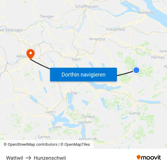 Wattwil to Hunzenschwil map