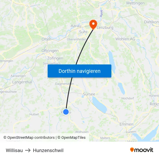 Willisau to Hunzenschwil map