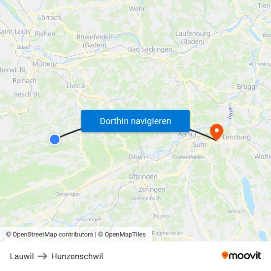 Lauwil to Hunzenschwil map