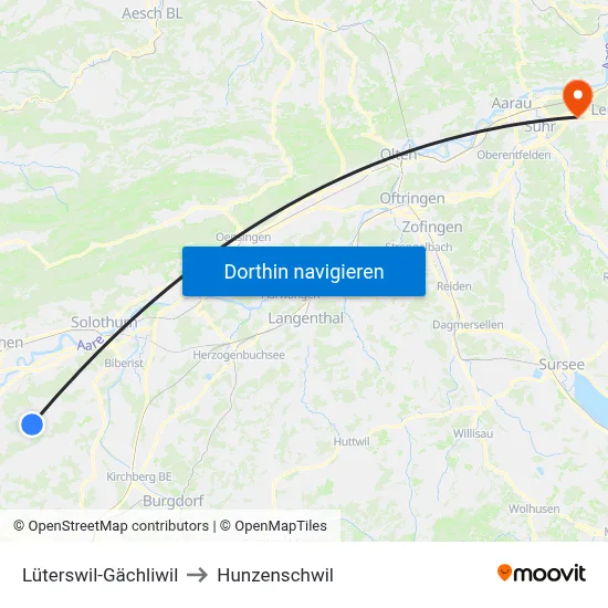 Lüterswil-Gächliwil to Hunzenschwil map
