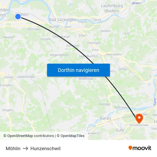 Möhlin to Hunzenschwil map