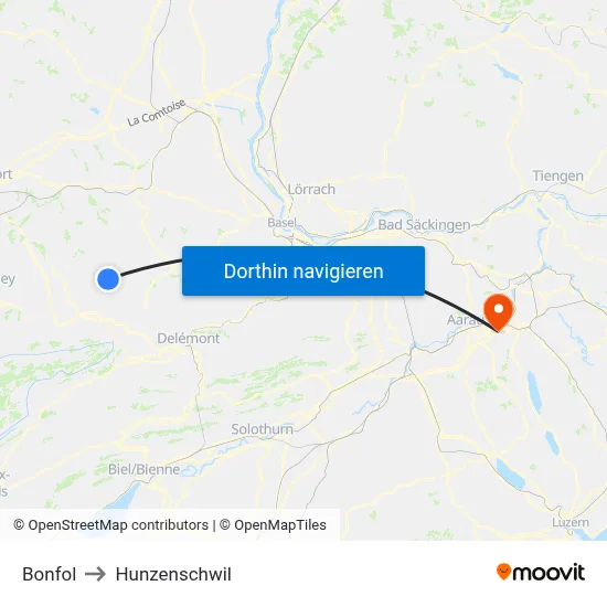 Bonfol to Hunzenschwil map