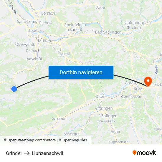 Grindel to Hunzenschwil map
