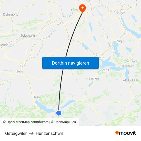 Gsteigwiler to Hunzenschwil map