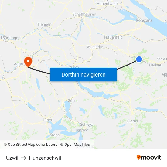 Uzwil to Hunzenschwil map