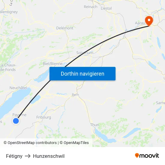 Fétigny to Hunzenschwil map