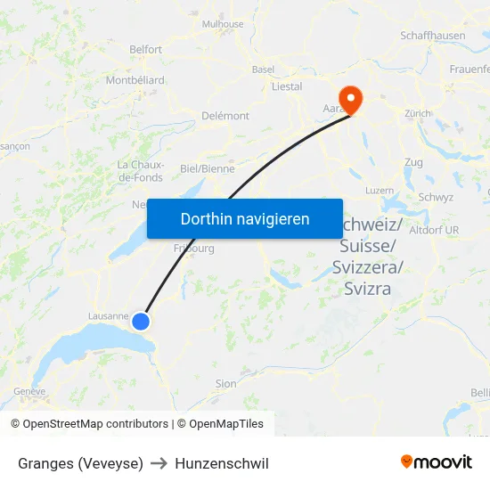 Granges (Veveyse) to Hunzenschwil map