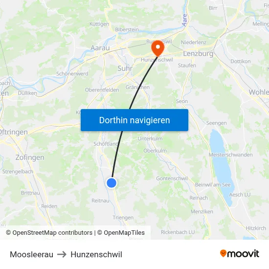 Moosleerau to Hunzenschwil map