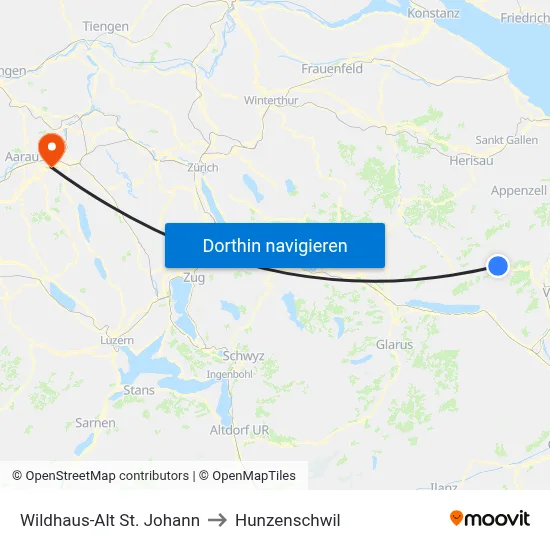 Wildhaus-Alt St. Johann to Hunzenschwil map