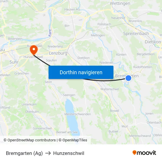 Bremgarten (Ag) to Hunzenschwil map