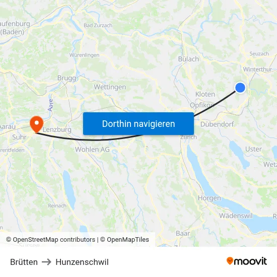 Brütten to Hunzenschwil map