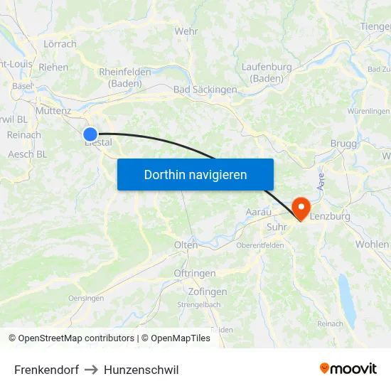 Frenkendorf to Hunzenschwil map