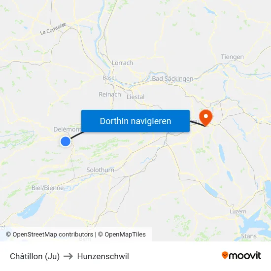Châtillon (Ju) to Hunzenschwil map