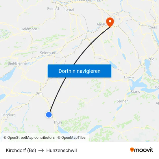 Kirchdorf (Be) to Hunzenschwil map